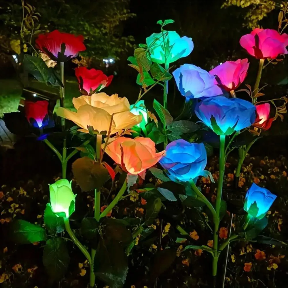 3 Heads Solar LED Romantic Garden Rose Light for Cemetery Decoration Pile Light, Garden, Courtyard, Yard & Grave Decoration