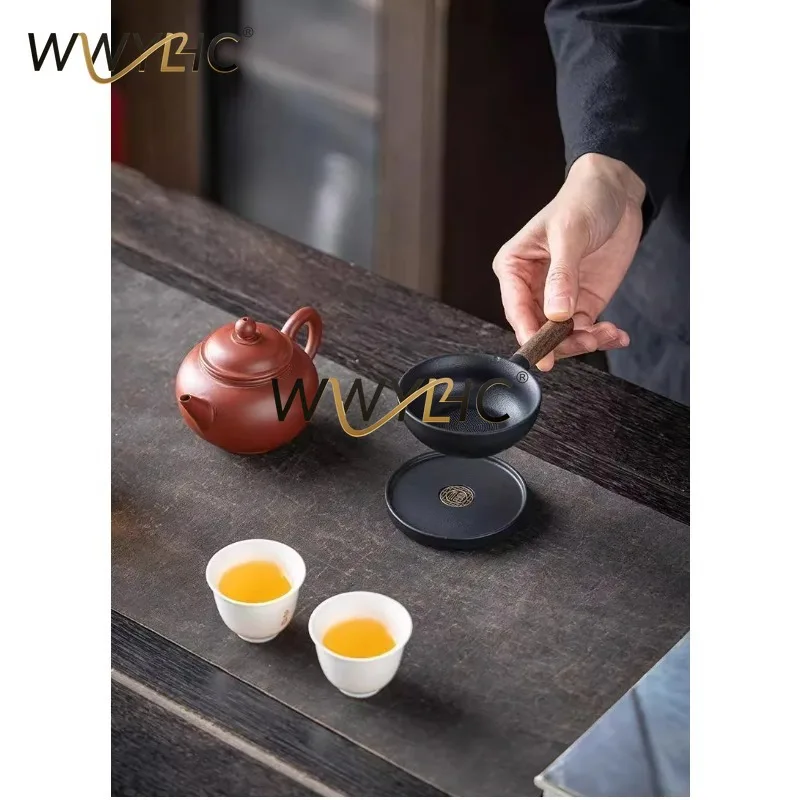 Integrated Ceramic Tea Filter with Black Ebony Wooden Handle, Loose Tea Infuser Strainer Tea Set Parts