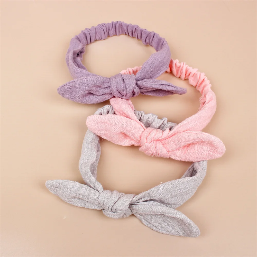 3Pcs/Set Solid Muslin Cotton Baby Headband Elastic Rabbit Ear Hair Band Infant Girl Turban Headwraps Stretch Accessories