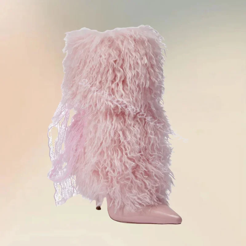 

Pink Feather Riband Patent Leather Pointed Toe Boots Side Zipper Women Shoes Thin High Heels New Party 2025 Zapatos Para Mujere