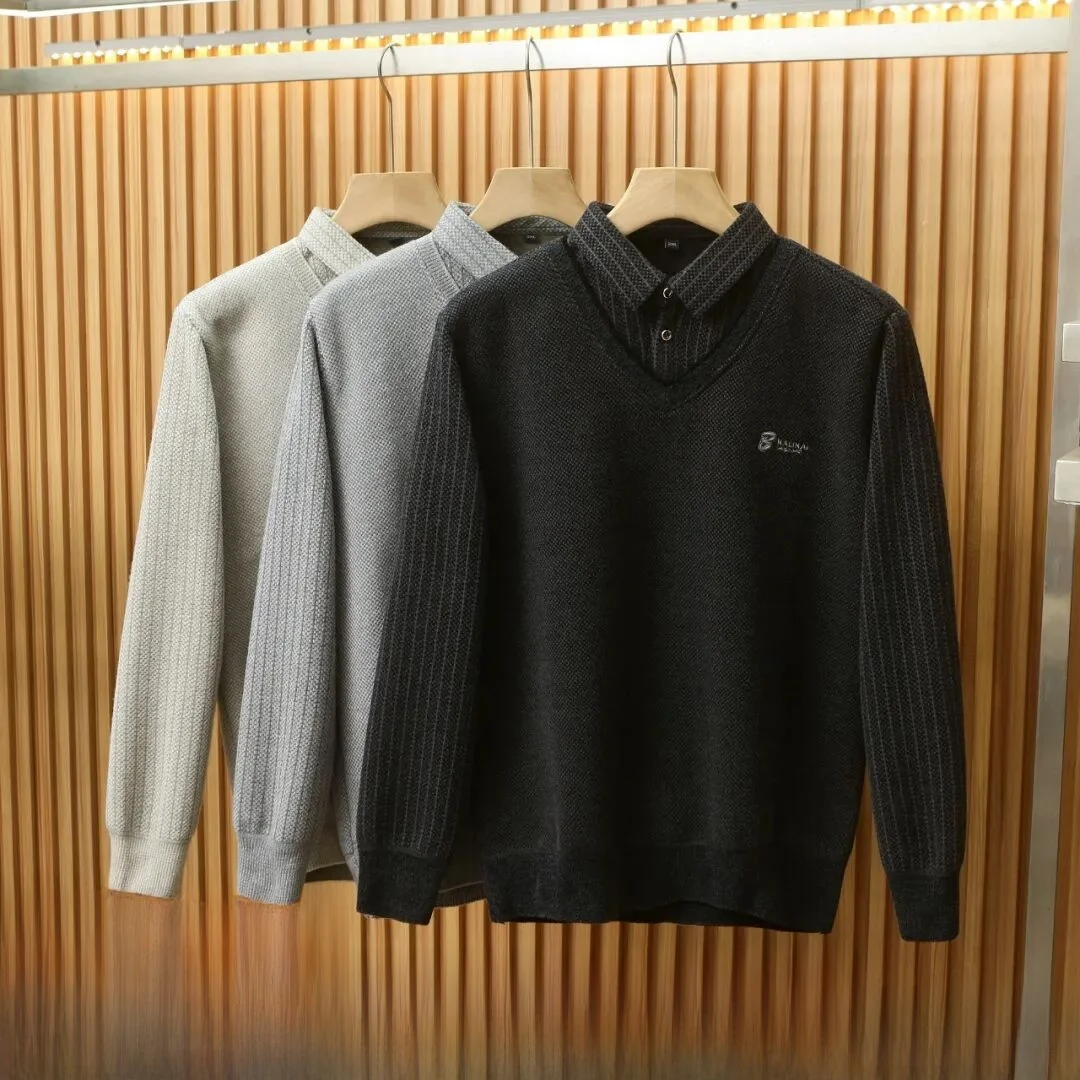 

Thiened Cosite Fce Knitted Sweater Men's Casual Sle Long Sve irt Collar Warm Stripe Pattern Autumn Winter Wear