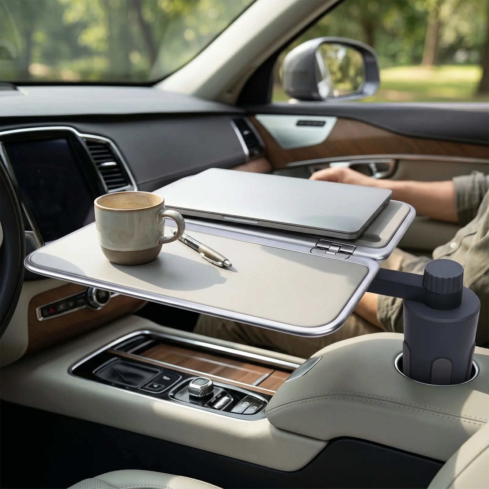 Car Food Tray Foldable Aluminum Alloy Cup Holder Closed Deep Cup Holders 360° Rotating Car Food Tray with Phone Stand