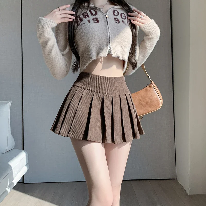 Autumn Winter Retro Women\'s Corduroy Pleated Skirt 2024 High Waist Casual Vintage School Short Saias Femme