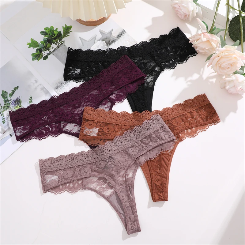 FINETOO 3Pcs Women Lace Hollow Out Underwear Sexy Floral Print Panties Female Solid Low-Waist Thong Breathable G-string Lingerie