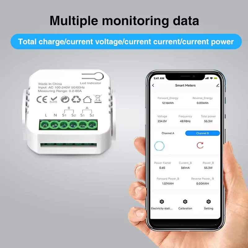 Tuya Smart Life WiFi Energy Meter 120A Bidirectional 1/2 Channels with Clamp App Monitor Solar Export and Import Power