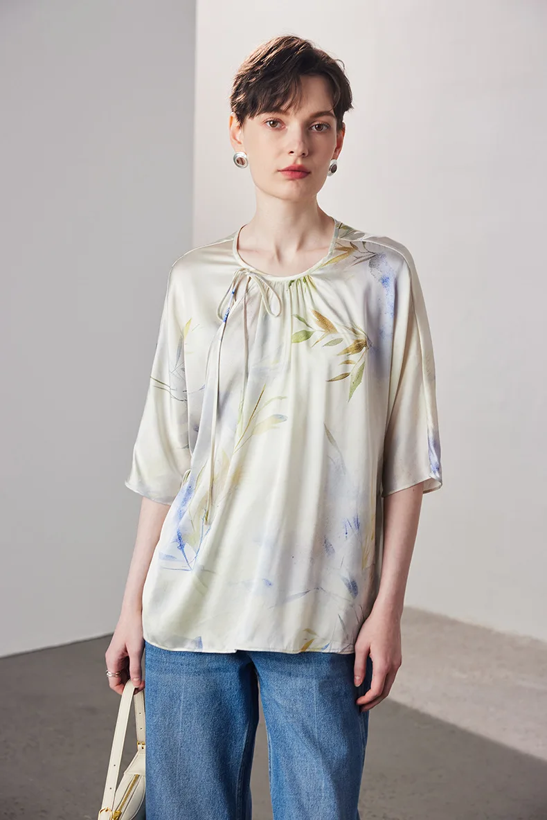 BirdTree-16MM 90%Silk 10%Spandex Elegant T-Shirt, Batwing Sleeve Print, Women Commute Loose Satin Tee, 2026 Summer New T64593CC