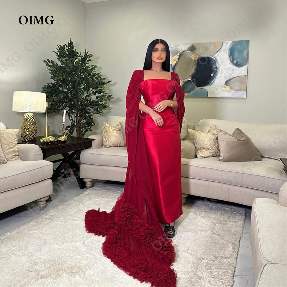 

OIMG Dark Red Long Satin Evening Party Dresses Pleats Chiffon Ruched Long Dubai Wedding Party Dress with Train Arabic Gowns