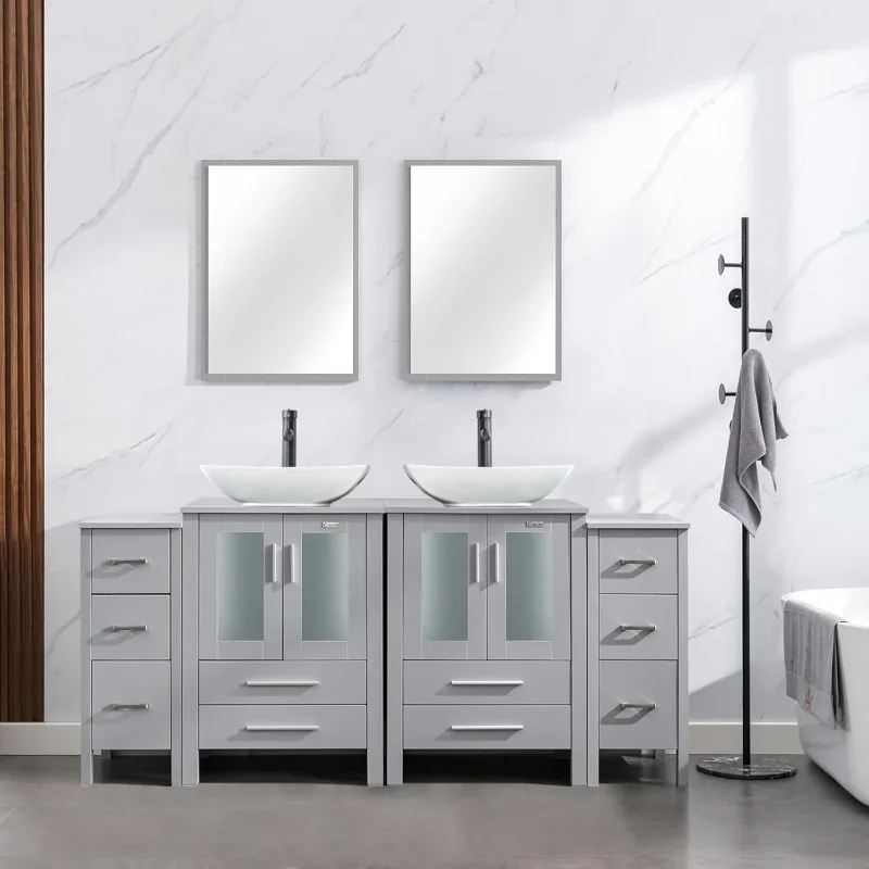 

Комбинированная раковина для ванной комнаты, серая, с небольшими боковыми шкафами, белая изогнутая керамическая раковина и водосберегающий кран и P