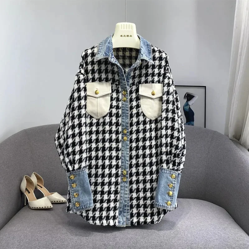 2023 primavera New Thousand Bird Checker Age riducente giacca Denim Splicing Design Sense stile coreano indossando Cardigan stile donna