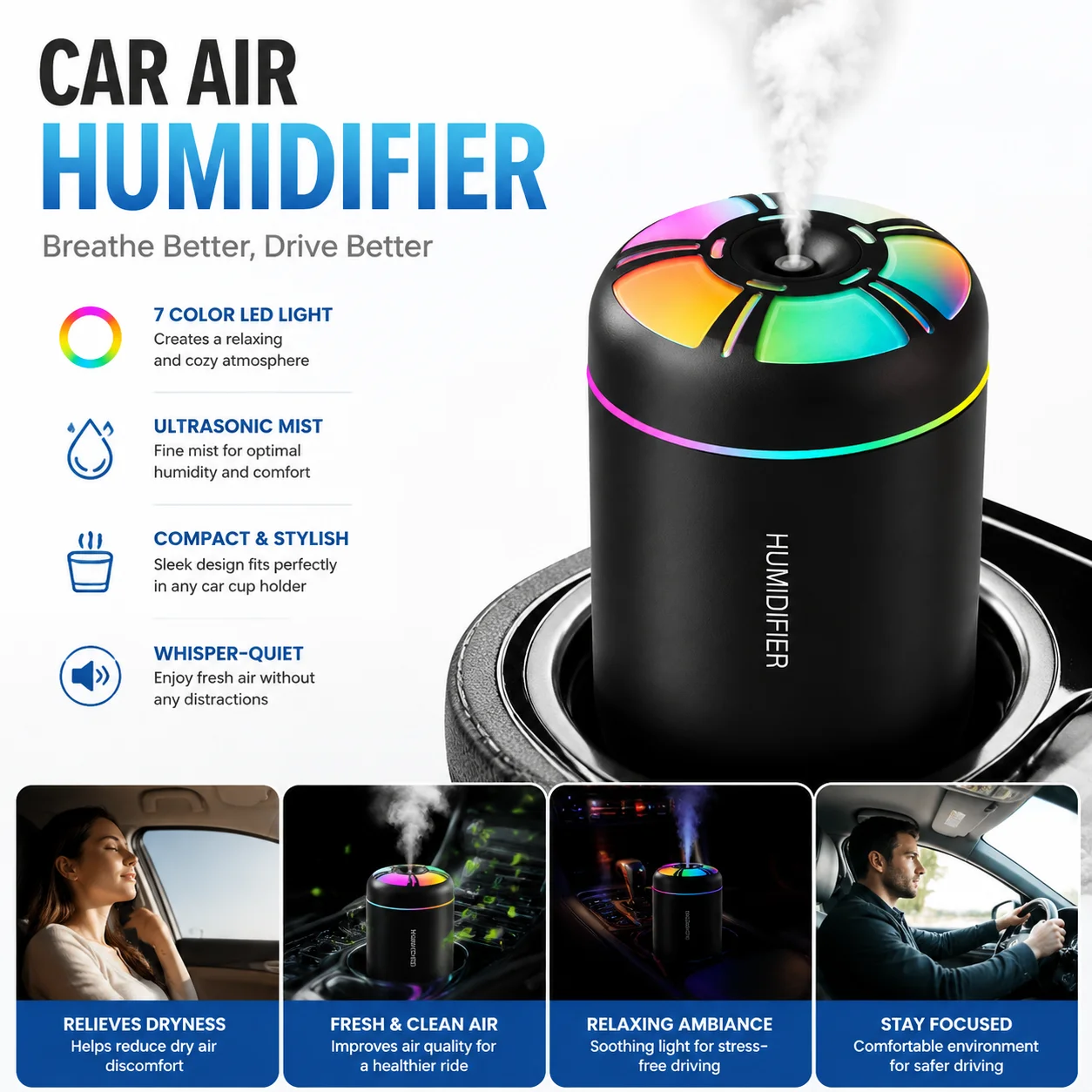 180ML Air Humidifier Colorful LED Aromatherapy Humidifier USB Electric Aroma Diffuser Essential Oil Purifier Car Accessories