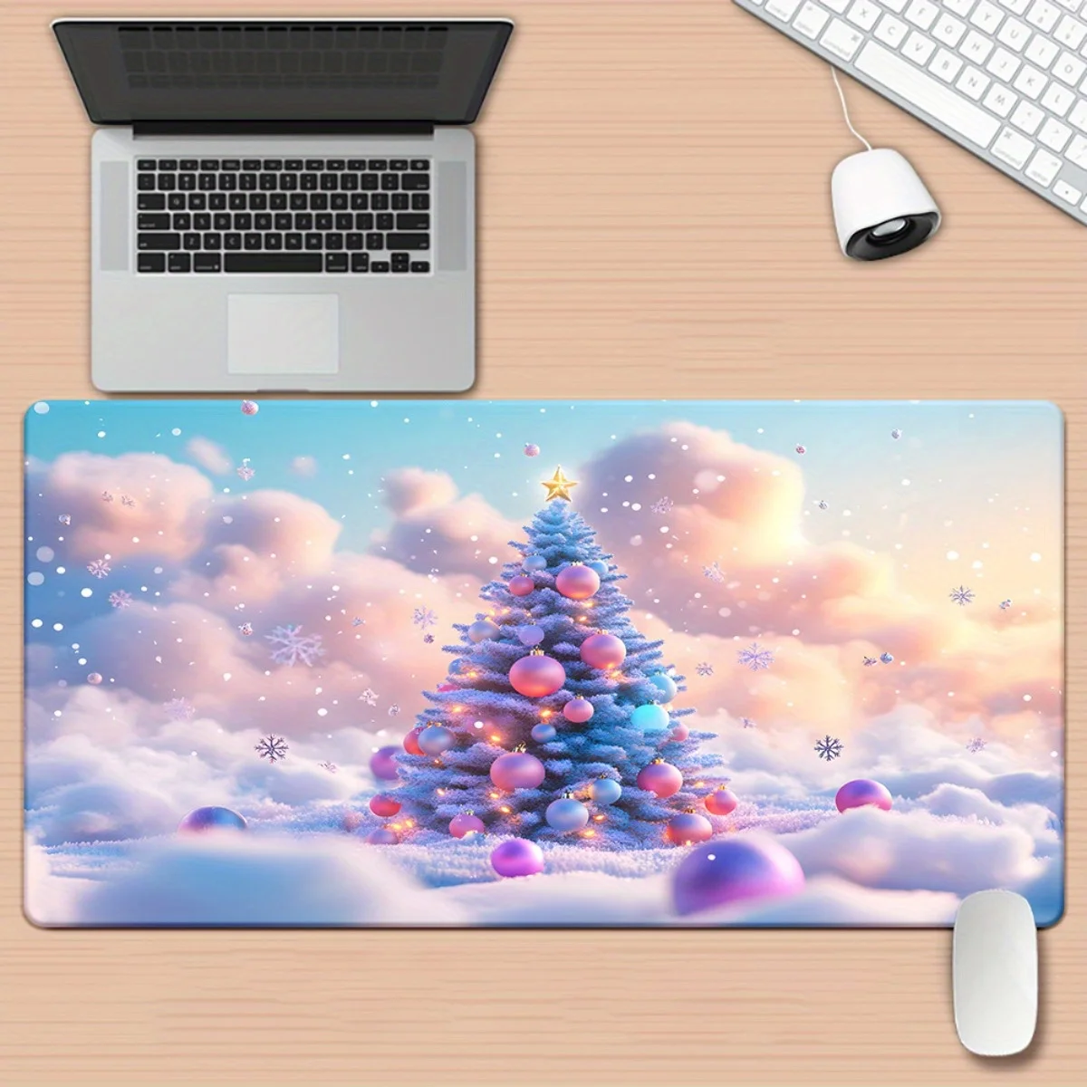 Christmas Tree on Pastel Clouds Extended Gaming Mouse Pad Soft Rubber Base Winter Wonderland Desk Mat