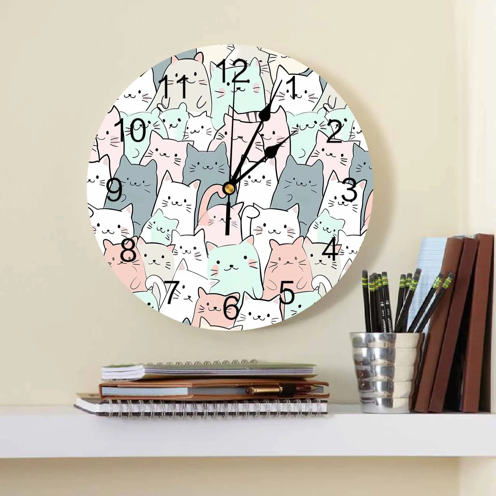 Cat Line Arrangement Hand Drawn Printed Wall Clock Modern Silent Clock Living Room Home Decor Wall Hanging Watch