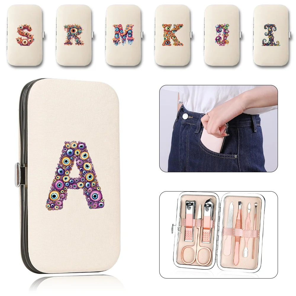 

7pcs Stainless Steel Nail Clippers Kit With Portable Travel Case Initial Name Eyelets 26 Letters Pattern