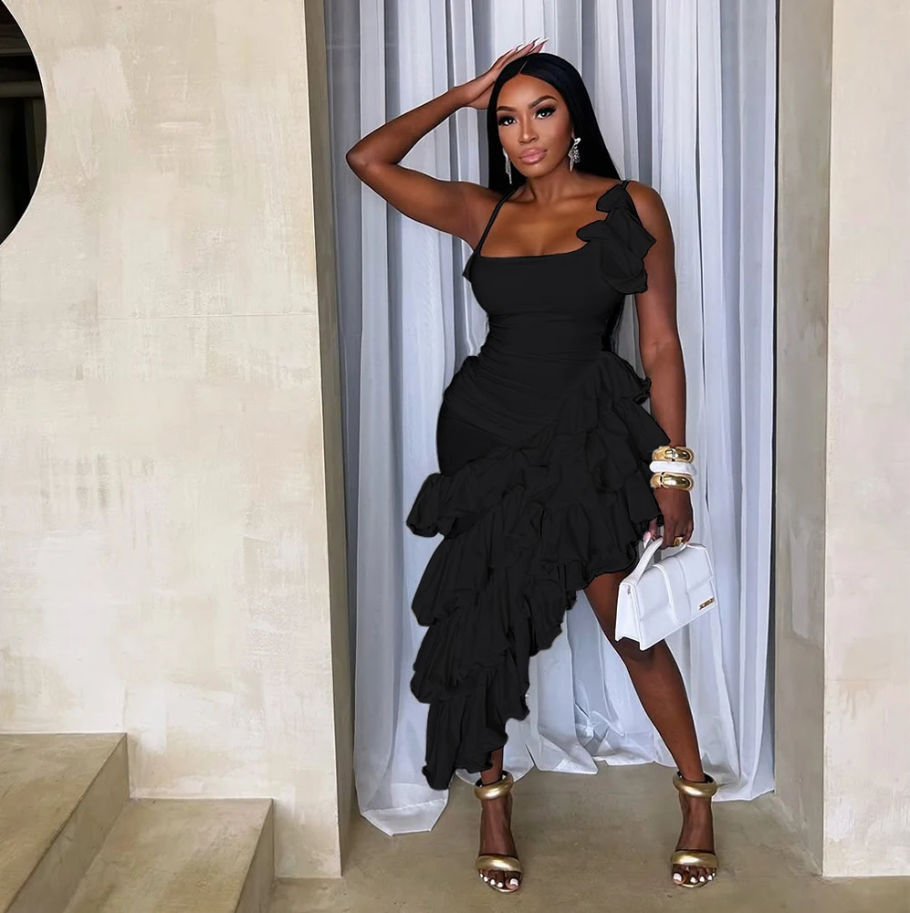 2025 Zomer Vrouwen Sexy Jurk Bodycon Mouwloze Asymmetrische Tiered Ruches Feestjurken Spaghetti Verjaardag Vestidos