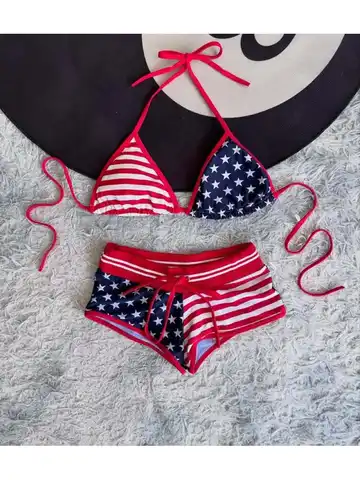 American Flag Print Bikini Women 2026 Halter Tie Detail High Waist Boy Short Y2K Aesthetic Patriotic Swimwear Set