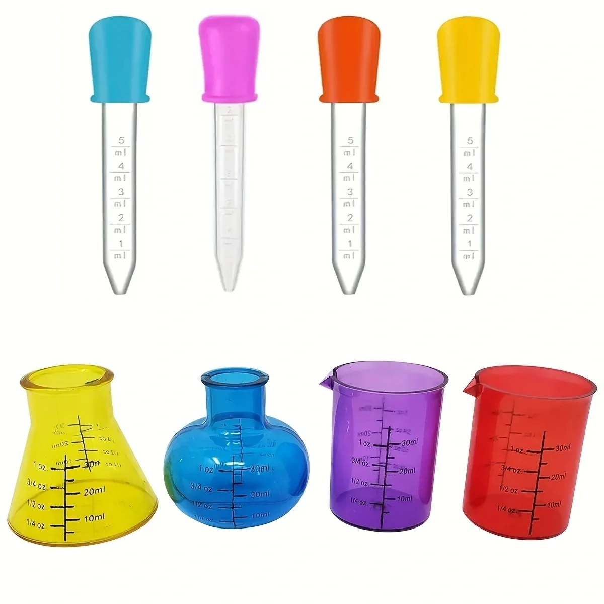 8Pcs Mini Plastic Glasses Liquid Droppers Set Silicone Dropper with Bulb Tip Sensory DIY Educational Color Sensory Activities