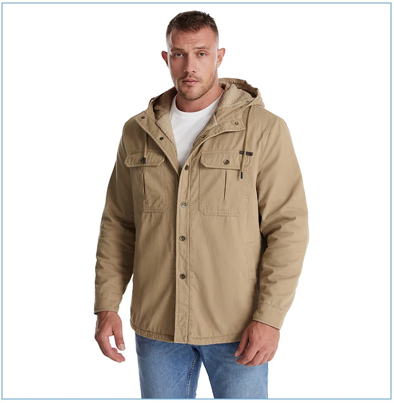 2026 Men's fleece thick hooded solid-color shirt, lamb fur jacket, winter cotton coat, outerwear US/European size