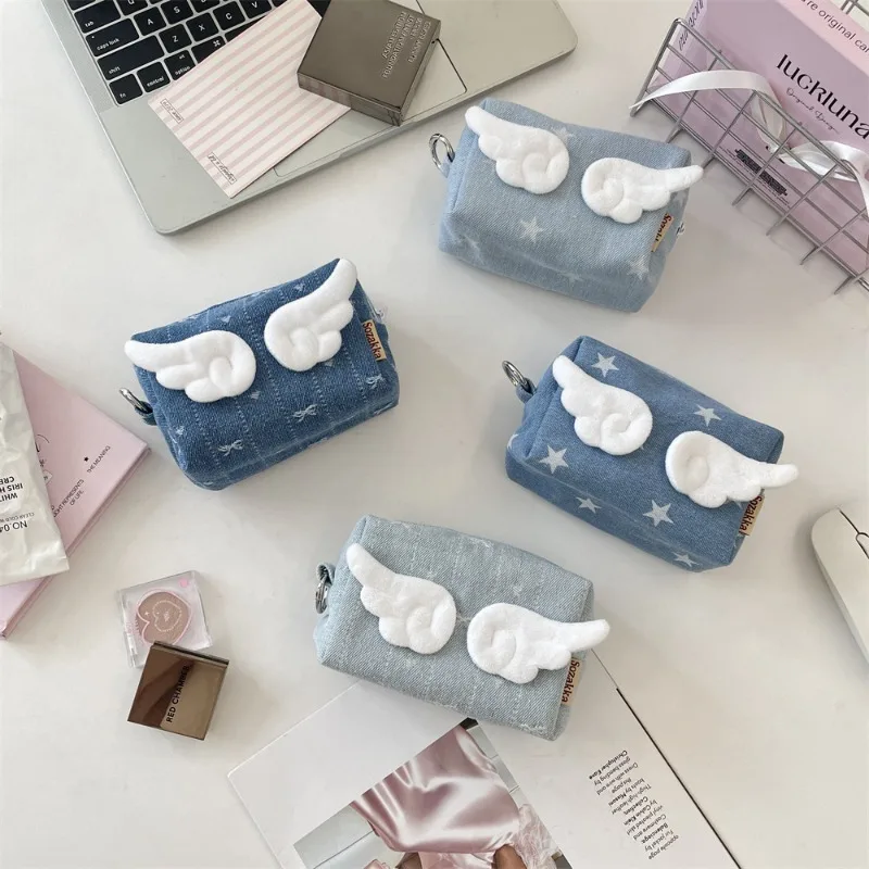귀여운 천사 한국 날개 별 데님 동전 지갑 2025 빈티지 블루 미니 핸드백 학생 휴대용 화장품 주최자 지갑