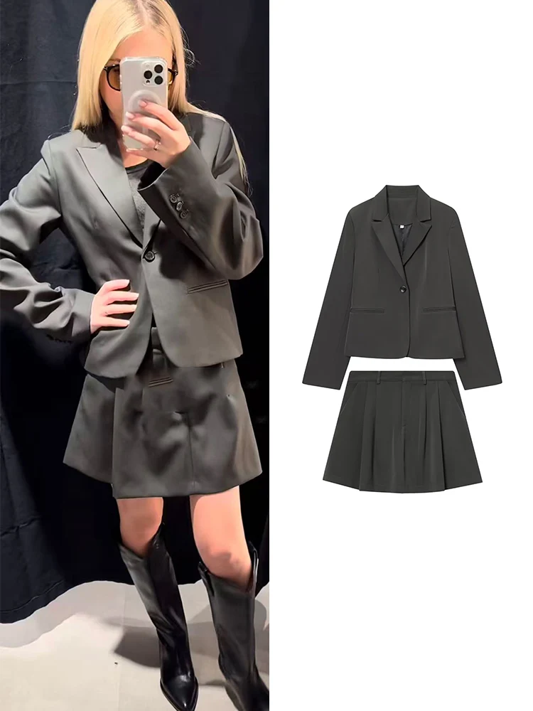 TFMLN Set di gonne blazer da donna eleganti con risvolto Giacca slim a maniche lunghe Minigonna a trapezio Primavera Autunno Nuovo abito casual femminile