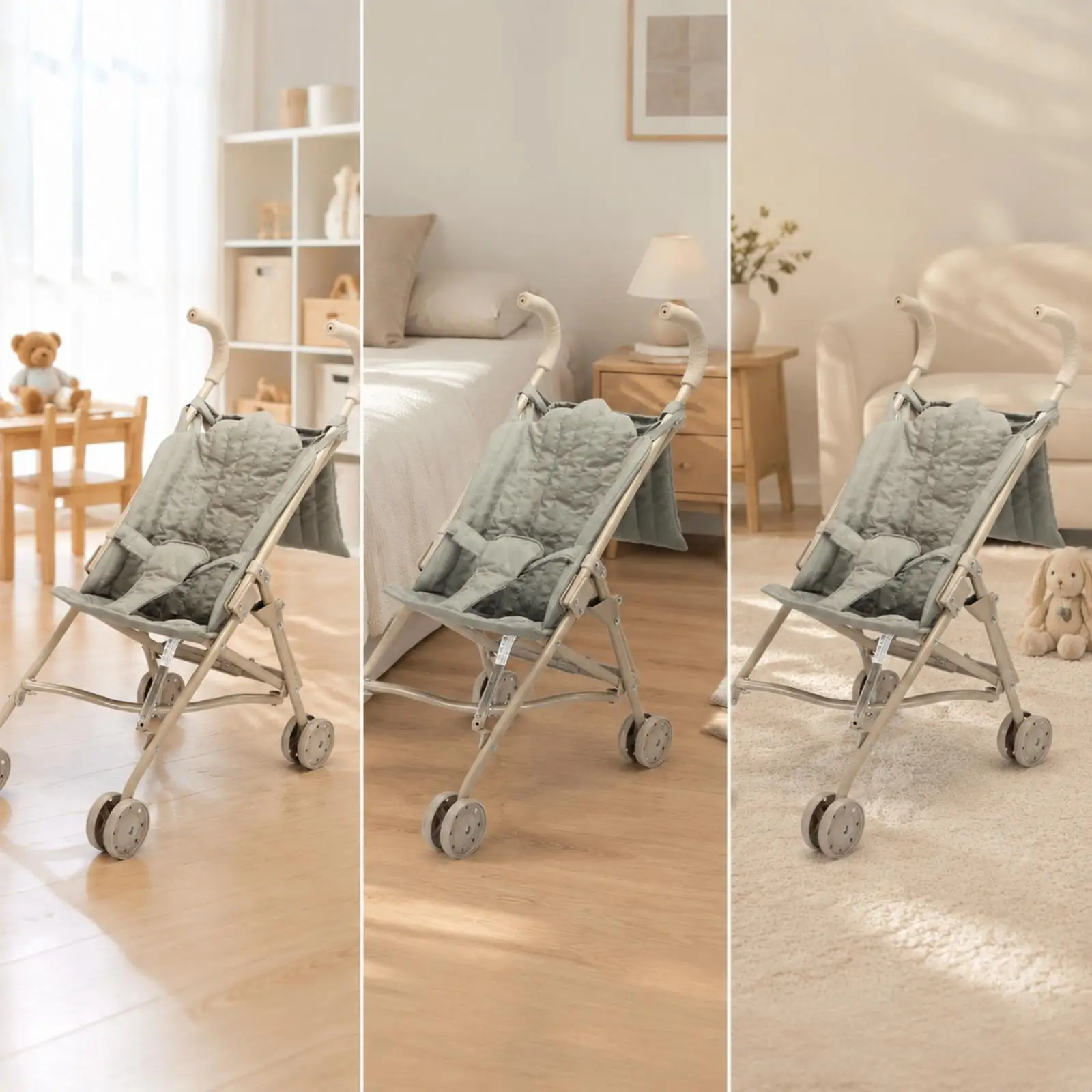 Folding Doll Stroller for Kids Age 4-6 Grey Green Metal Frame Toy Pushchair with Harness and Storage Basket