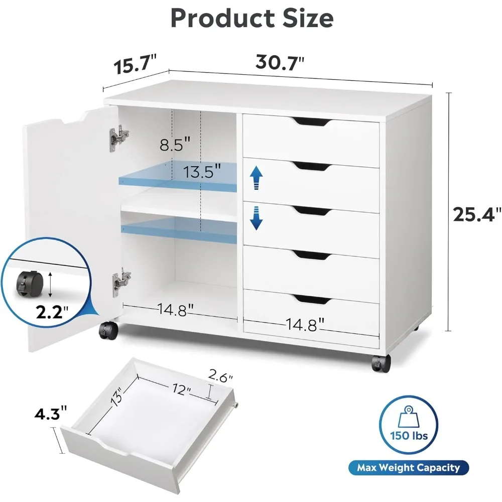 Cómoda de madera de 5 cajones con puerta, gabinete de almacenamiento móvil, soporte de impresora para oficina en casa