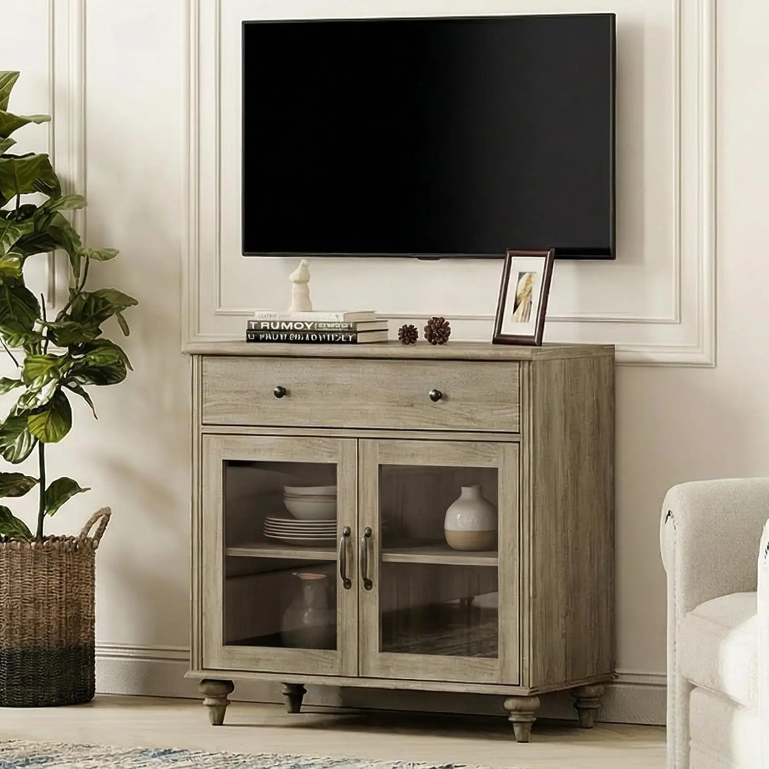 TV Stand for 43 inch TV with 2 Glass Doors and Drawer, Wash Grey | Farmhouse Wood Universal TV Stands with Storage Cabinets, Mor