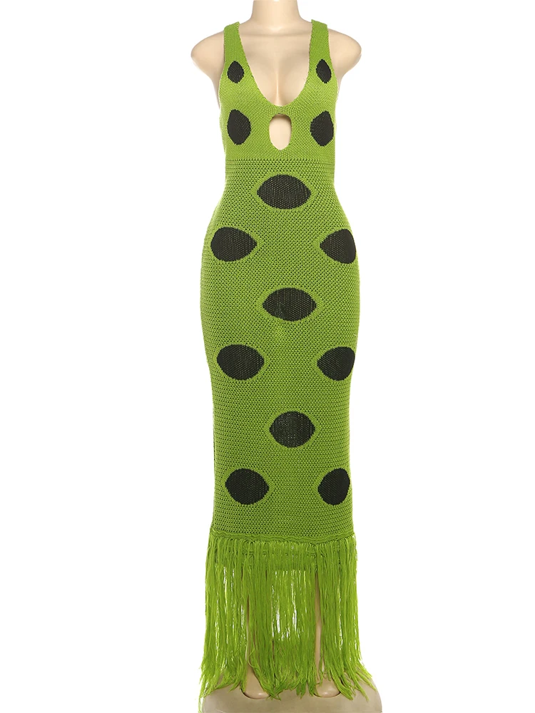 kliou Chic Dot Print Women Maxi Dress High Street Stunning Tassel Stacked Sleeveless Cleavage Cut Out Robe Mujer Festival Frock