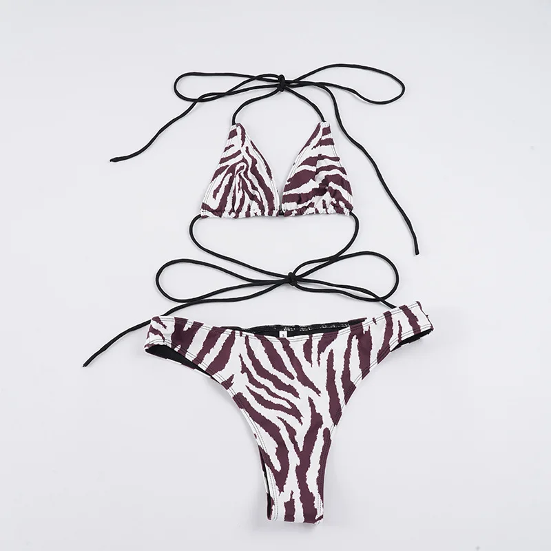

Сексуальный комплект бикини с принтом зебры и завязками на шее, модный женский купальник для пляжного отдыха