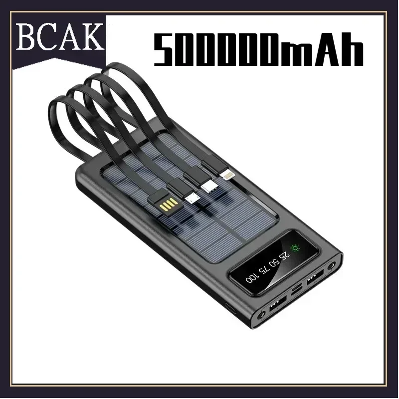 BCAK 500000MAH   Solar Power Bank Convenient Ultra-thin Built-in Cable Outdoor Camping Mobile Power Supply 200000mAh 300000mAh