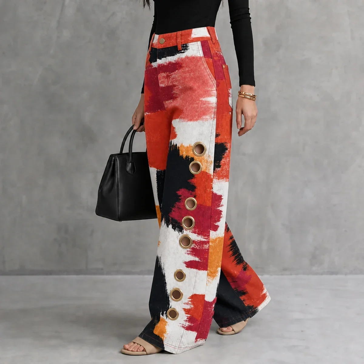 Women Contrast Color Printed Wide Leg Pants High Waist Metal Eyelet Decor Loose Casual Streetwear Trousers With Pockets