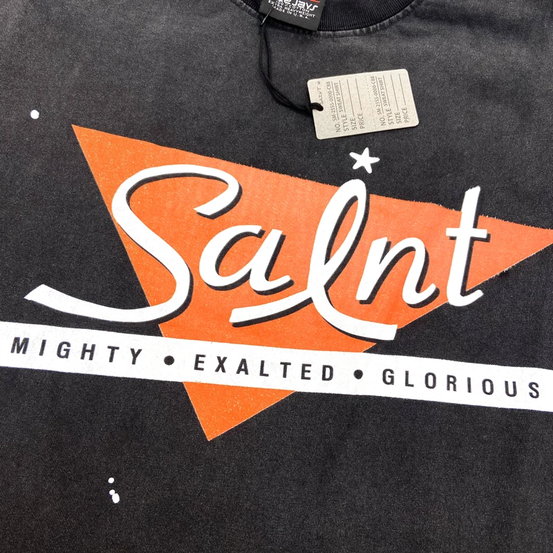 Triangle Graffiti Letter Print Saint Short Sleeve Heavyweight Vintage Washed Round Neck Loose T-shirt Men Women Y2K Streetwear