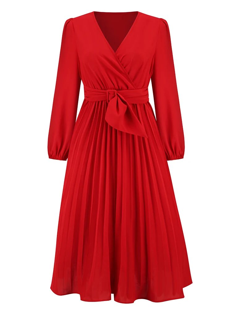 

Autumn Winter Women’s Midi Long Dresses V-Neck Full Sleeve Pleated Skirt For Elegant Lady