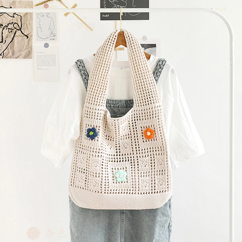 

Дизайнерская вязаная сумка большой вместимости с цветочным принтом, женская летняя пляжная сумка-тоут, тканая сумка на плечо, женский кошелек, полый