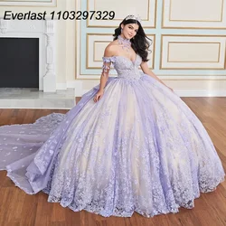 EVLAST Customized Lavender Quinceanera Dress Ball Gown Lace Applique Beading Cape Mexican Sweet 16 Vestidos De 15 Anos TQD841