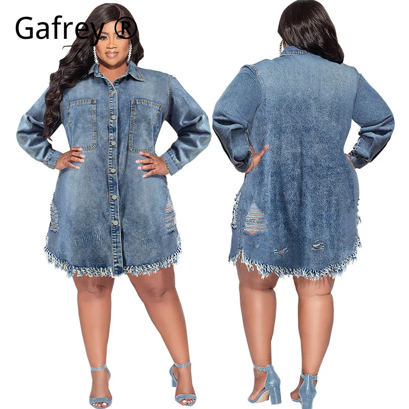 

Plus Size Fringe Trim Hole Design Long Sleeve Duster Cardigan Dress, Casual Distressed Beach Party Cover Up Maxi Dress for Women