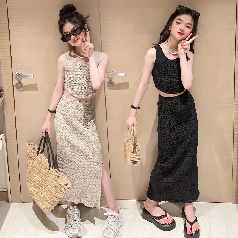 

Fashion Childrens Clothing For Girls Summer Skirts Outfits Pleated Tank Top Skirt Set Slim Side Slit Sexy Dress Solid Dress Kids