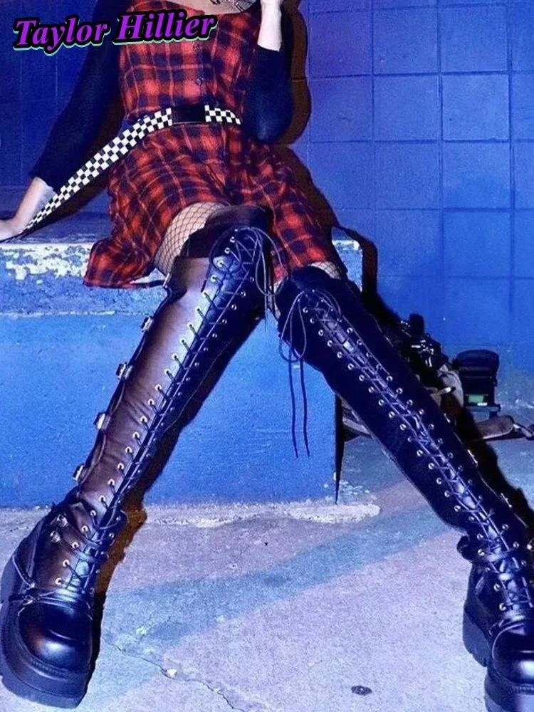 Готические ботинки Y2K с квадратным носком в стиле панк Botas на шнуровке, горячие туфли на квадратном каблуке с боковой молнией и пряжкой, черный рок, 9,5 см, туфли до колена