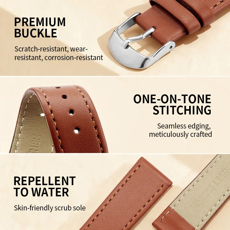 Colorful Plain Weave Leather Watch Strap with Stitching, Thin Style, Second-Layer Cowhide Strap, 8-26mm Adjustable, Waterproof, Breathable Sports Watch Strap