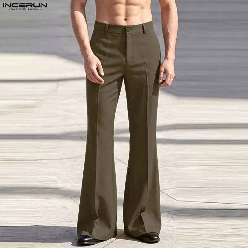 INCERUN Men's Pants Solid Color Button Joggers Loose High Waist Flare Pants For Man Streetwear Elegant Casual Pants Pantalones