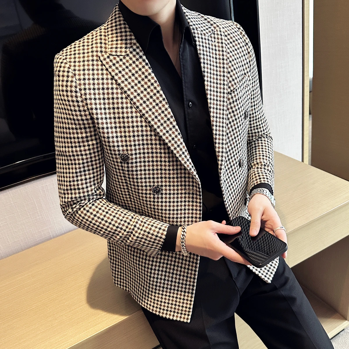 British Style Fashion Double Breasted Casual Blazer Coat 2023 Men Check Slim Fit Suit Jacket Formal Office Wedding Tuxedo Jacket