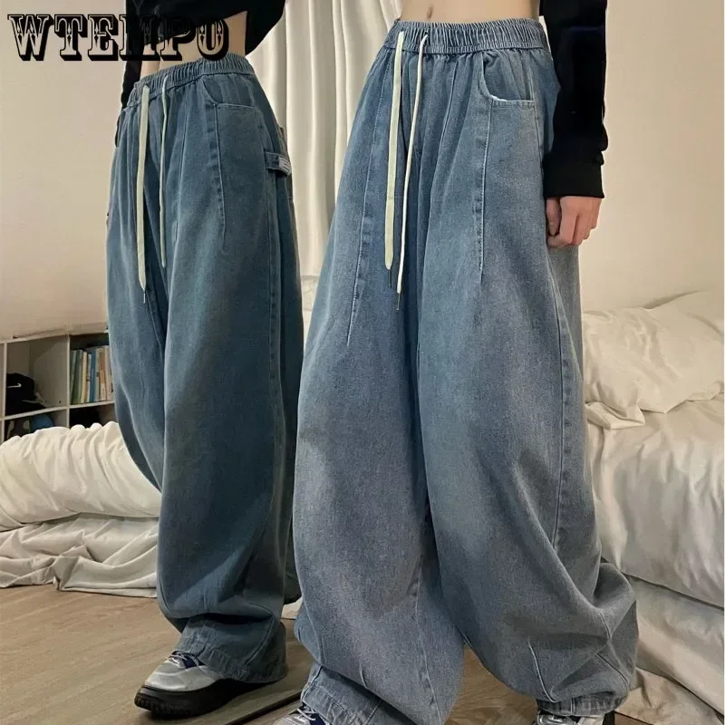 Jean Baggy Vintage à Taille artificiel astique pour Femme, Surintendant Américain, Denim, Jambes Larges, Streetwear, Pantalon Droit, Basique,