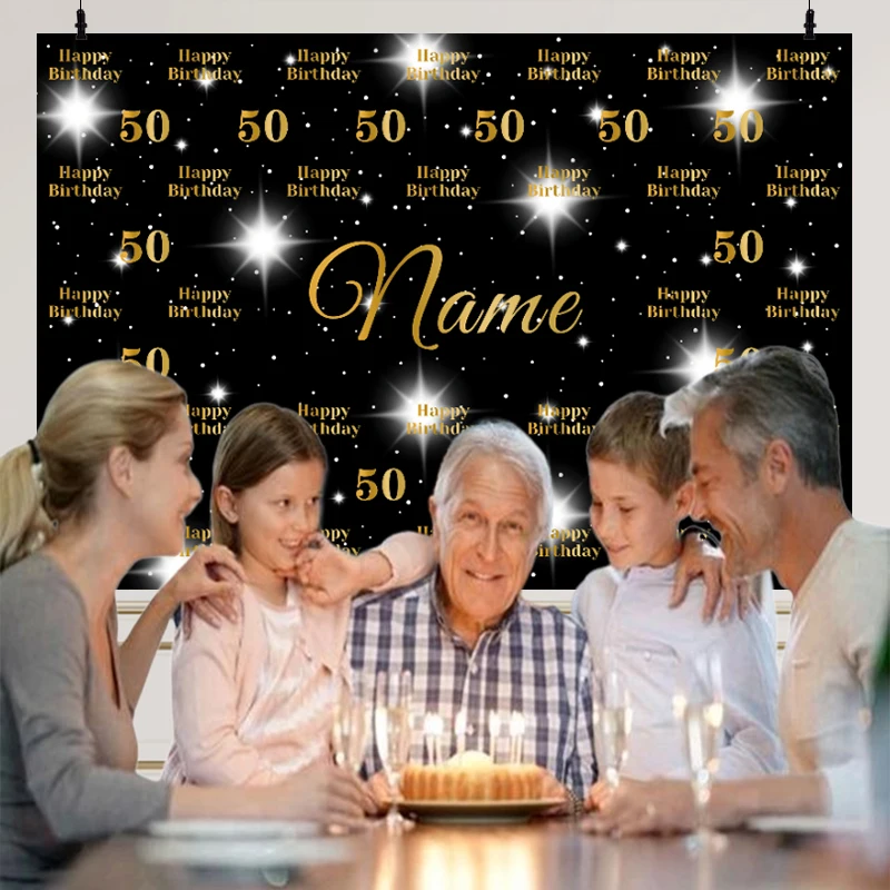 

50th Birthday Party Photography Backdrops Photocall 50 Years Man Women Banner Stars Black Gold Photo Background XC-01