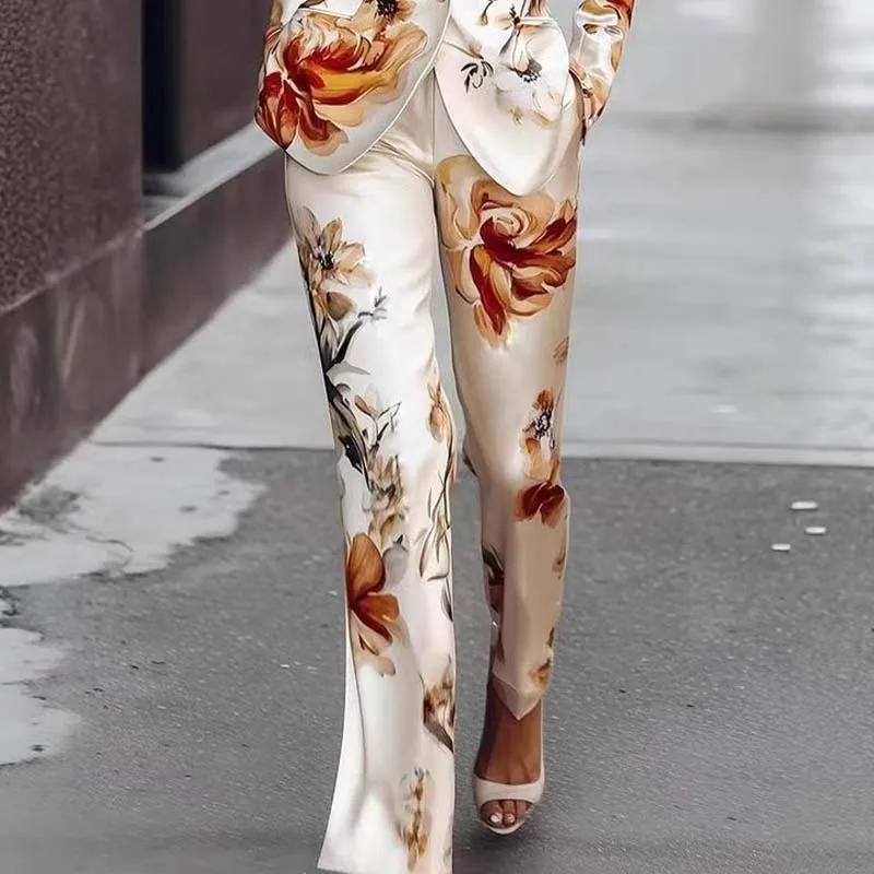 Traje de oficina de satén con escote en V profundo para mujer, conjunto de 2 uds., chaqueta de un botón de manga larga brillante blanca de invierno y pantalones de pierna recta para vacaciones
