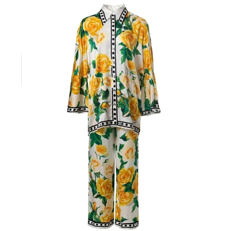 

2024 Summer Light Luxury Fashion Designer Women's Lapel Bright Sleeve Single-breasted Top + Wide-leg Pants Printed 2-piece Set