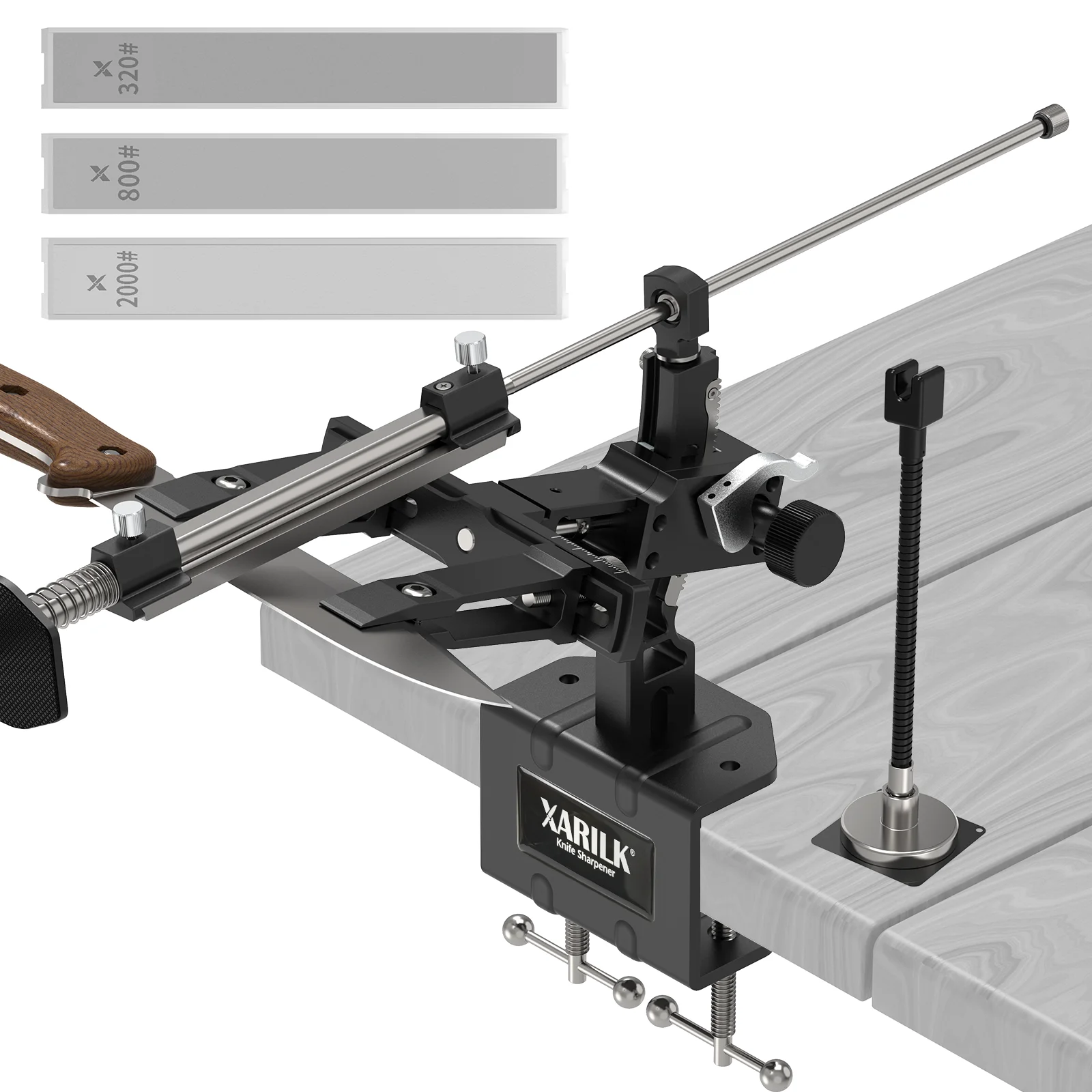 XARILK Professional Knife Sharpening System with Guide Rod Stand & 3 Diamond Stones (320/800/2000 Grit) - Fixed Angle Sharpener