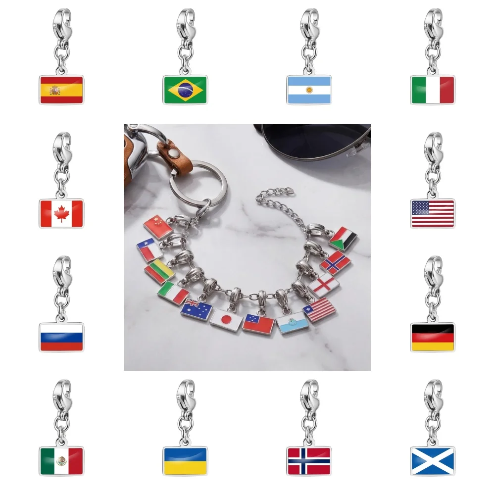 Country Flag Charms Bracelet Necklace Bagchain Pendants With Lobster Clasp Stainless Steel DIY Commemorative Flag Gift Jewelry