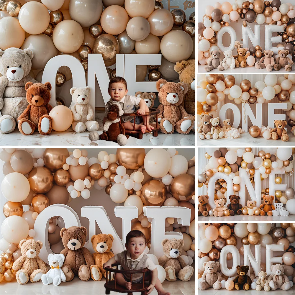 

Baby Bear 1st Birthday Party Photography Background Brown Balloon Toy Backdrop Photo Booth Decor Kids Cake Smash Photo Studio