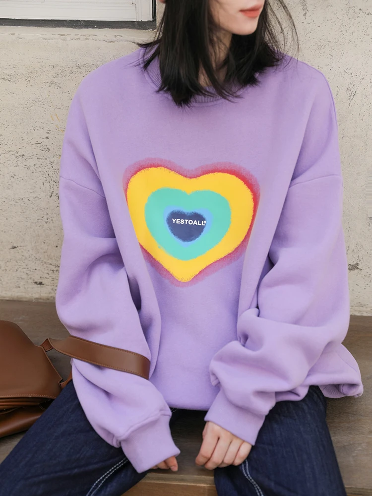 Printed Fleece Sweatshirt Winter Oversized Pullovers Korean Fashion Purple O Neck Loose Casual Couple Pulls Female 2023 New Fall