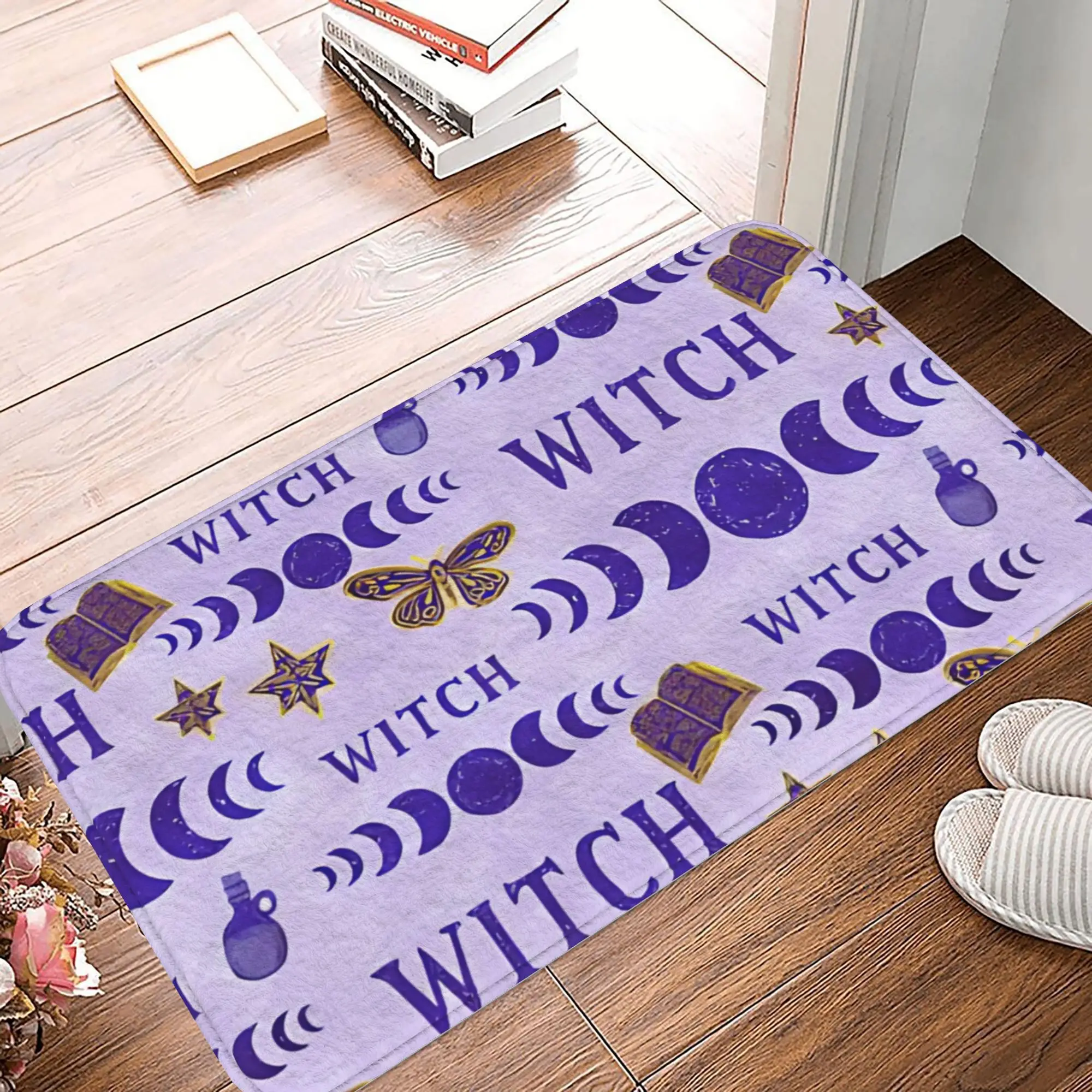 Purple Moon Phase Print Doormat with Stars Books Butterflies Printed Polyester Machine Washable Entrance Floor Mat 80x50cm