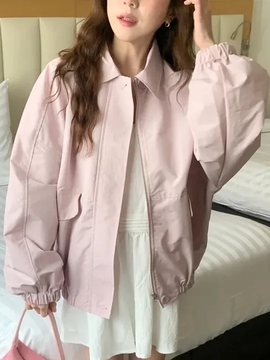 Retro Chic Women's Workwear Jacket Loose Fit Waist-Cinching Zipper Short Length Commute Ready Versatile Long Sleeve Coat